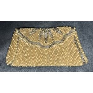Vtg 1950s Japan Hand Beaded Pearl Seed Bead Clutch Purse Fan Petal MCM Wedding